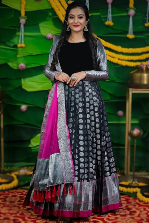Silk Black Weaved Zari Gown