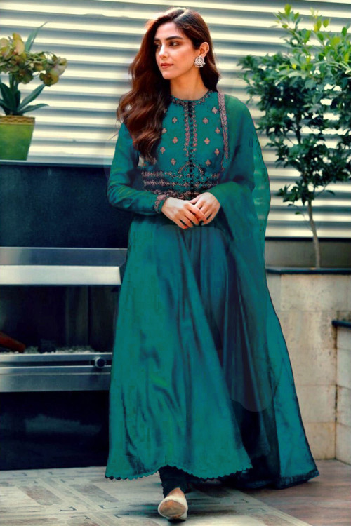 Silk Embroidered Eid Anarkali Suit In Peacock Green Colour