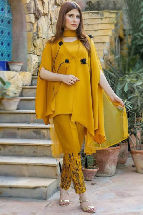 Soft Silk Mustard Yellow Trouser Suit With Fancy Jacket