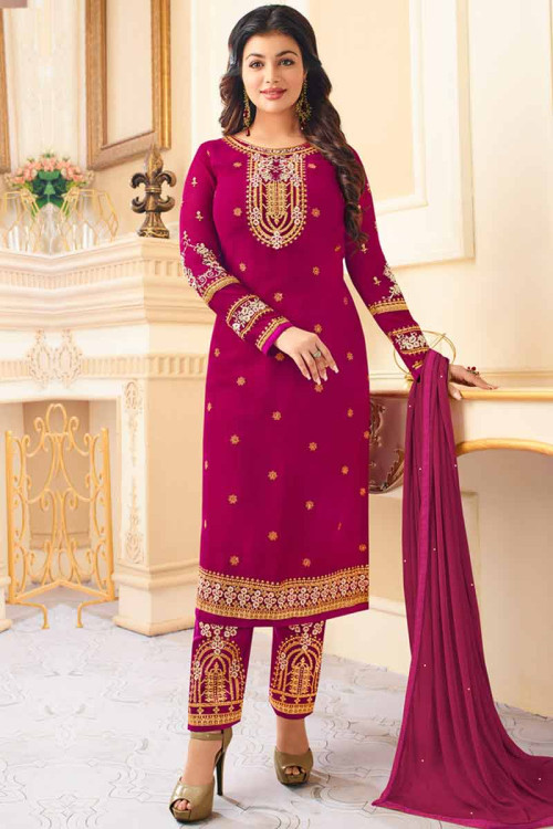 Pink Georgette Embroidered Straight Pant Suit