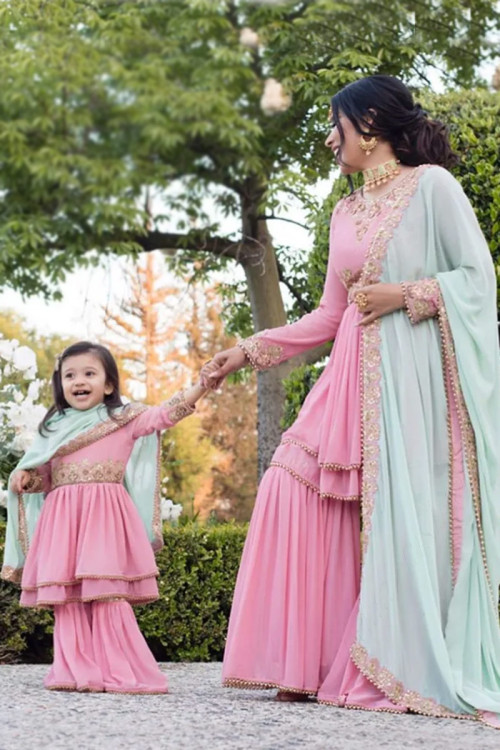 Taffy Pink Georgette Embroidered Mother Daughter Duo Sharara Suit