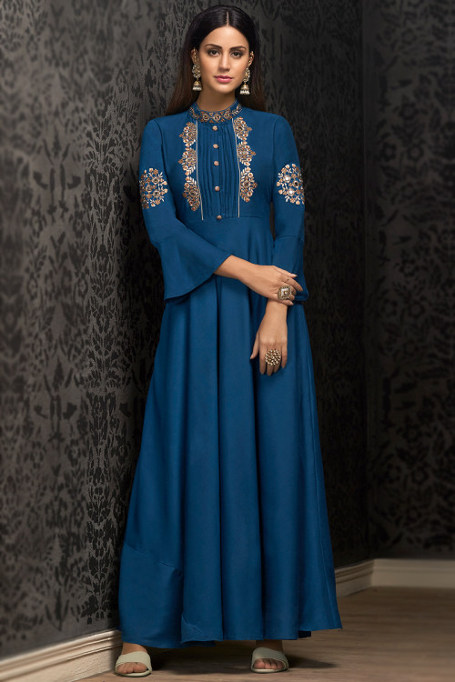 Teal Blue Silk Embroidered Gown