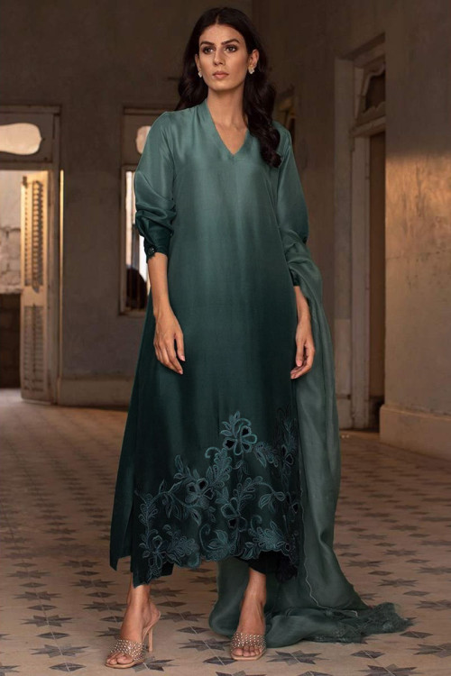 Eid Special Teal Green Raw Silk A Line Trouser Suit 