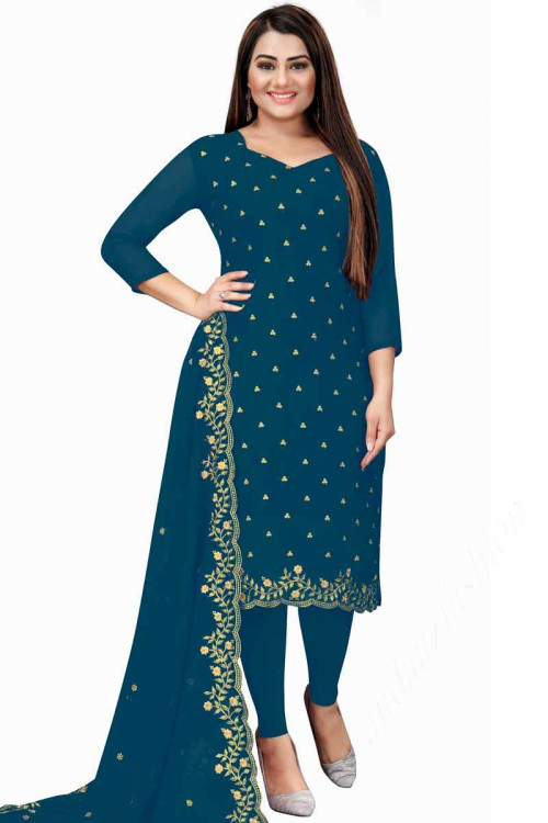 Thread Work Embroidered Georgette Peacock Blue Churidar Suit