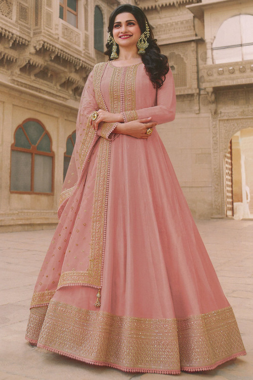 Soft Silk Anarkali Suit in Salmon Pink for Party 