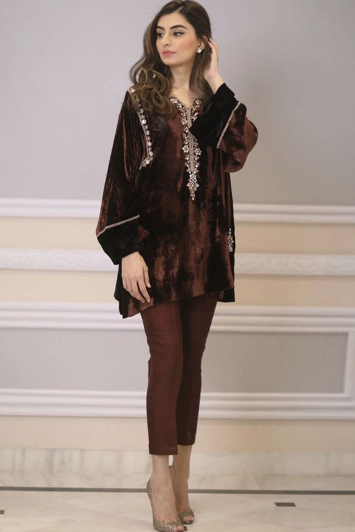 Dark Coffee Brown Color Velvet Embroidered Straight Pant Suit for Eid