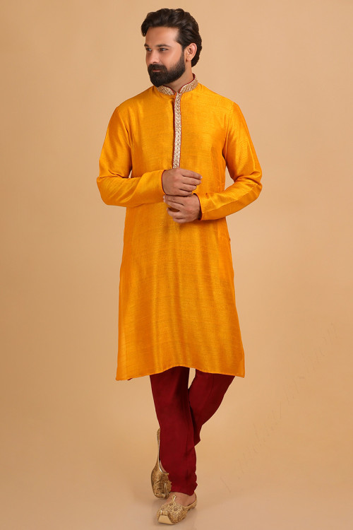 Turmeric Yellow Silk Festival Wear Men Embroidered Kurta Pajama 
