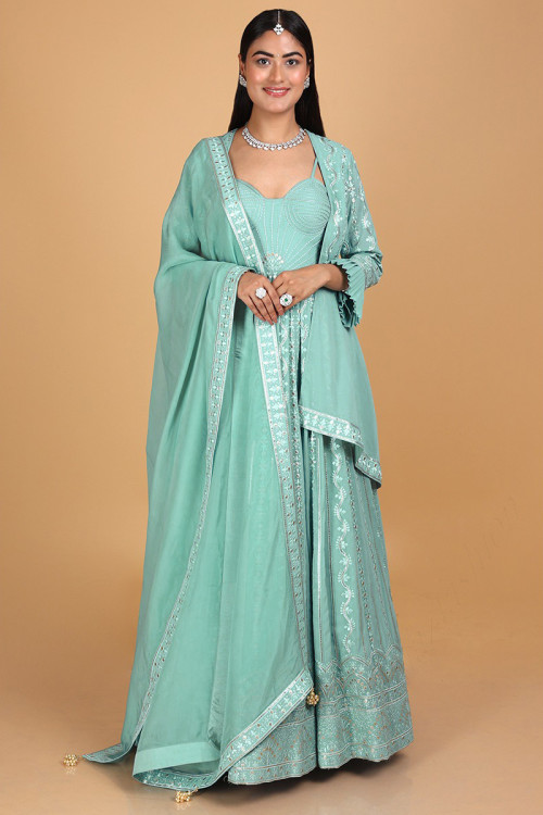 Turquoise Blue Georgette Anarkali with Churidar Anarkali Suit
