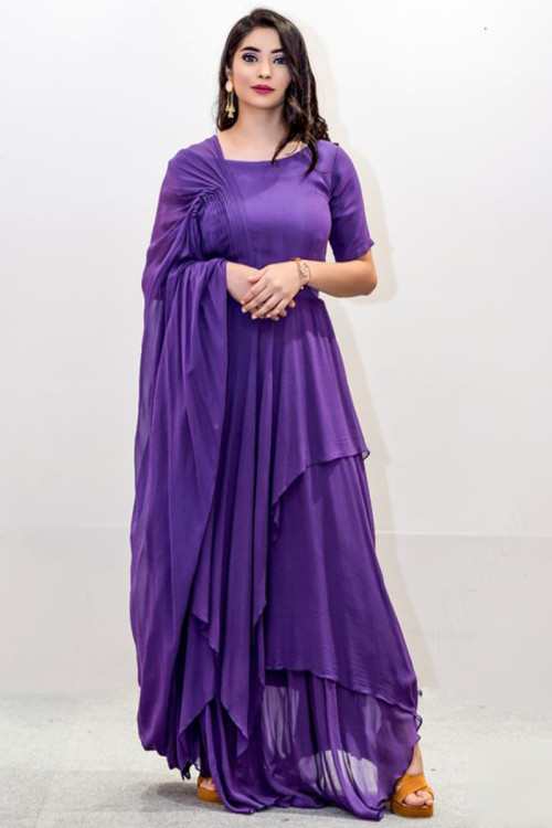 Violet Purple Chiffon Indo-Western Style Gown