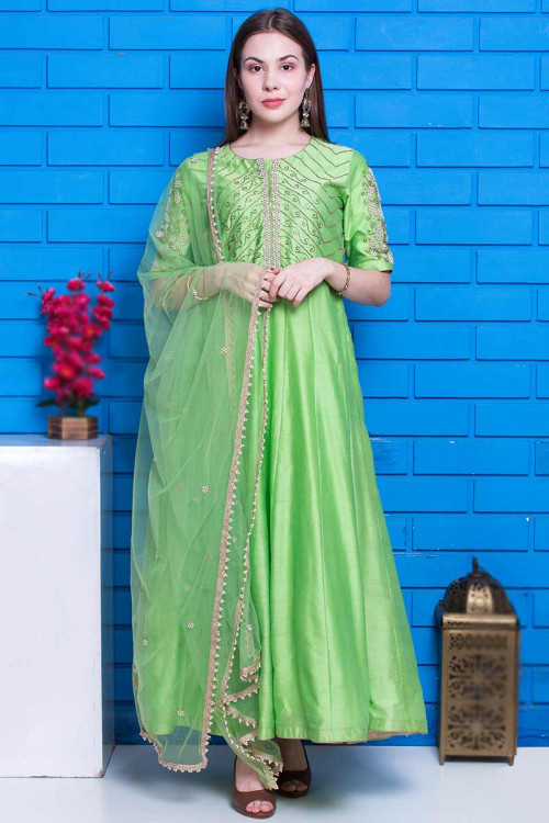 Wedding Wear Bright Green Chanderi Silk Indian Anarkali Suit