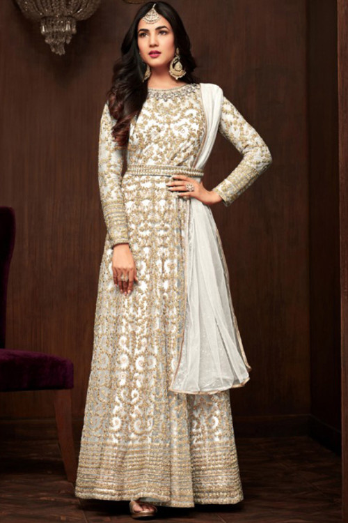 White Soft Net Dori Embroidered Anarkali Suit