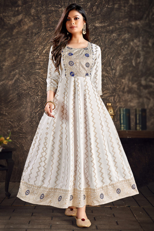 Thread Work White Kurti in Rayon for Party 