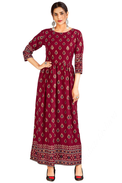 Wine Maroon Rayon Frock Style Gown
