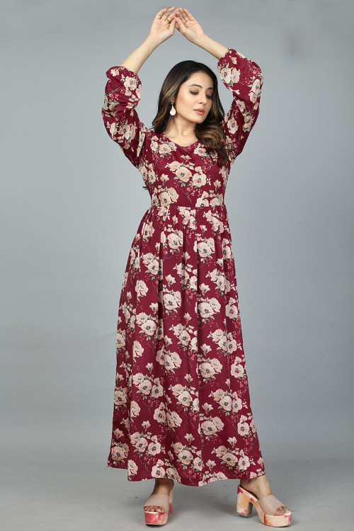 Wine Maroon Silk Printed Gown with Lycra Bottom and Net Dupatta