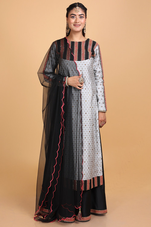 Woven Embroidered Silk Grey Trouser Suit