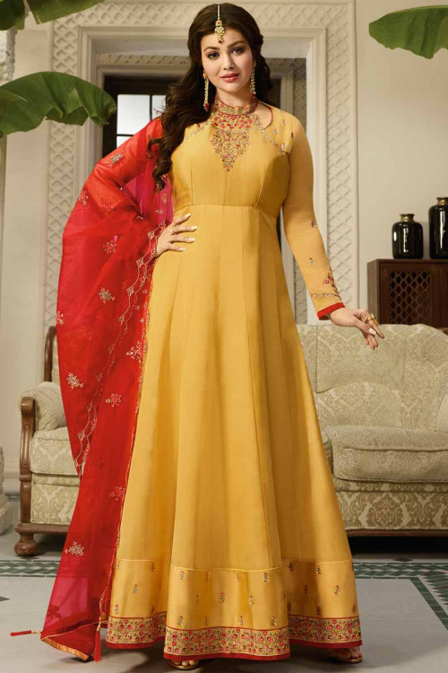 Silk Anarkali Suit In Yellow Color With Resham Work