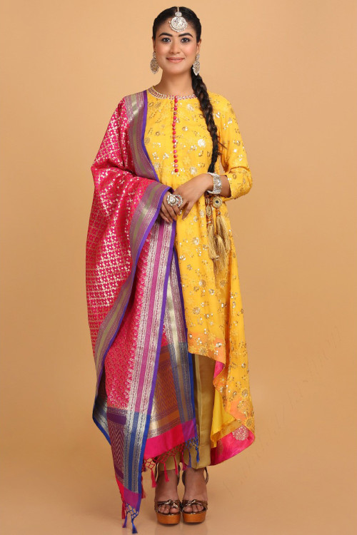 Georgette Yellow Sangeet Trouser Suit with Zari embroidery