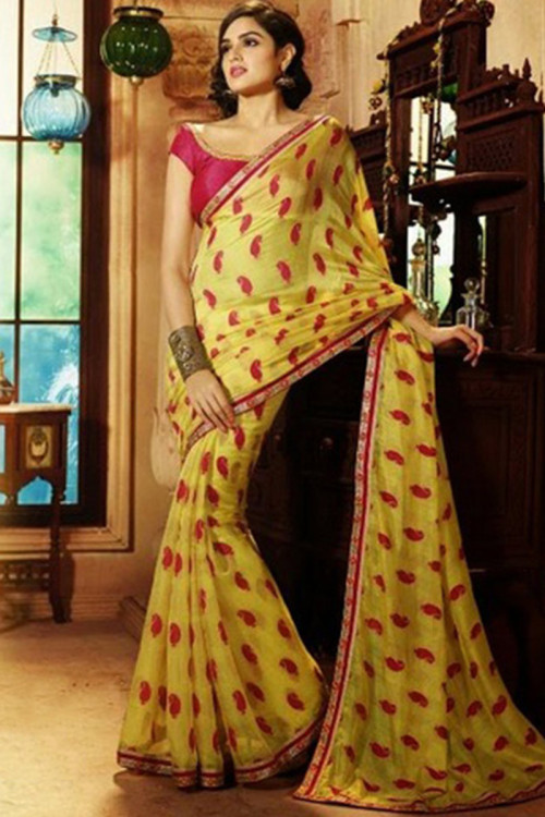 Yellow Georgette Party Wear Saree With Raw Silk Blouse