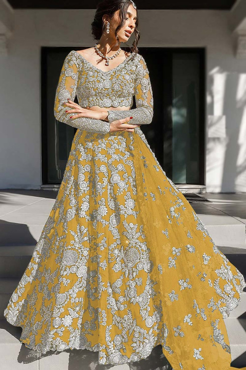 Yellow Floral Party Wear Lehenga in Net