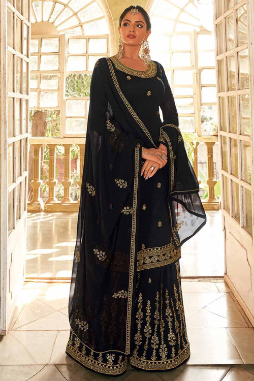 Zari Embroidered Georgette Black Pakistani Sharara Suit