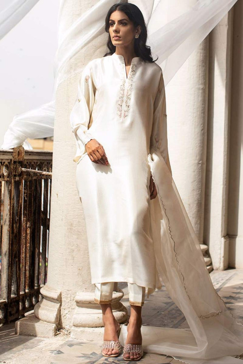 Zari Embroidered Raw Silk Off White Trouser Suit