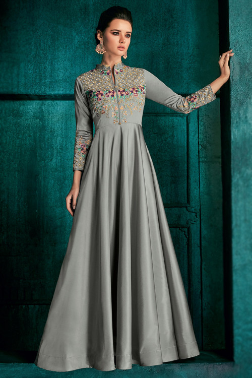 Zari Embroidered Silk Light Grey Gown