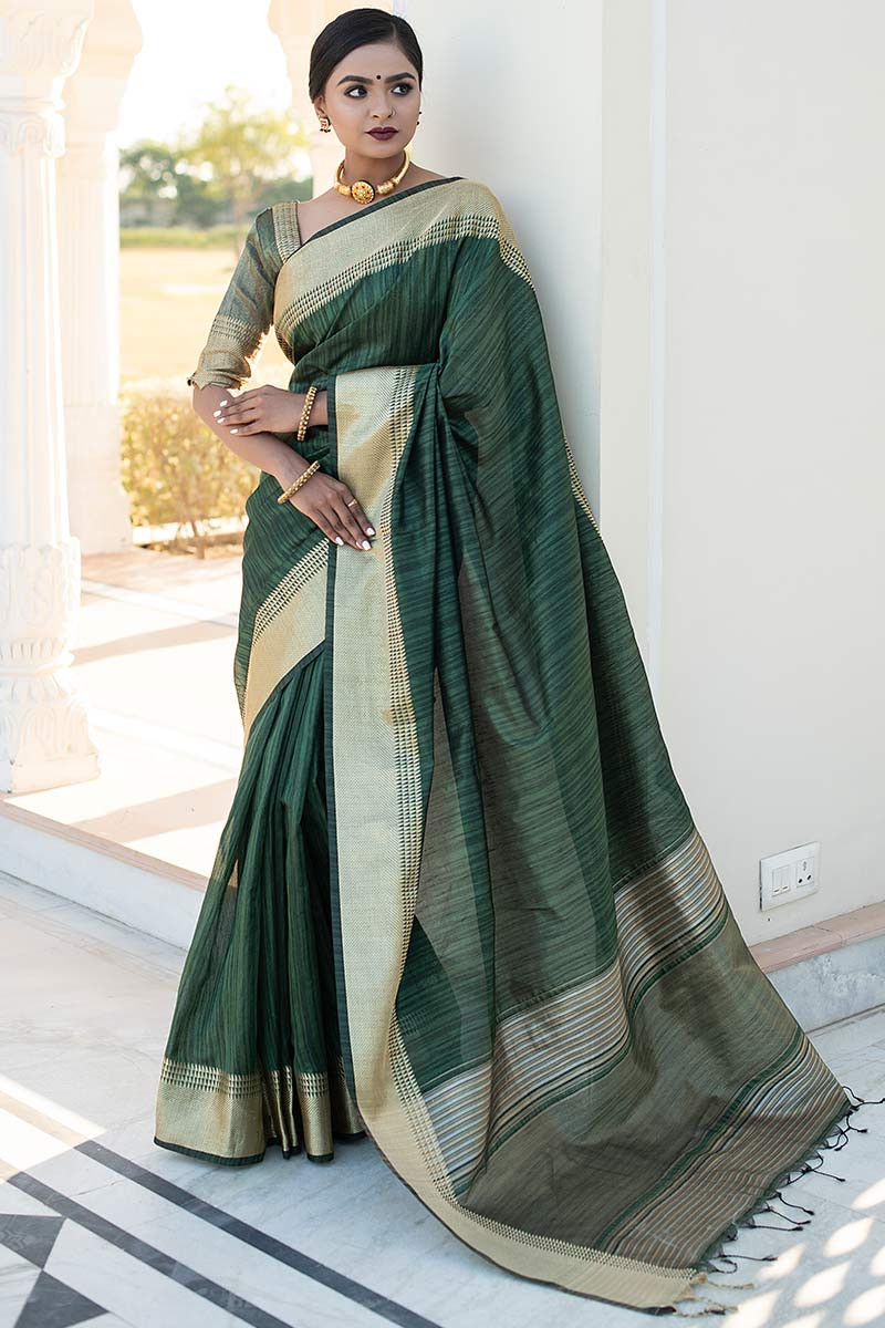 Elegant plain peacock green cotton saree with multicolor blouse piece –  Sujatra