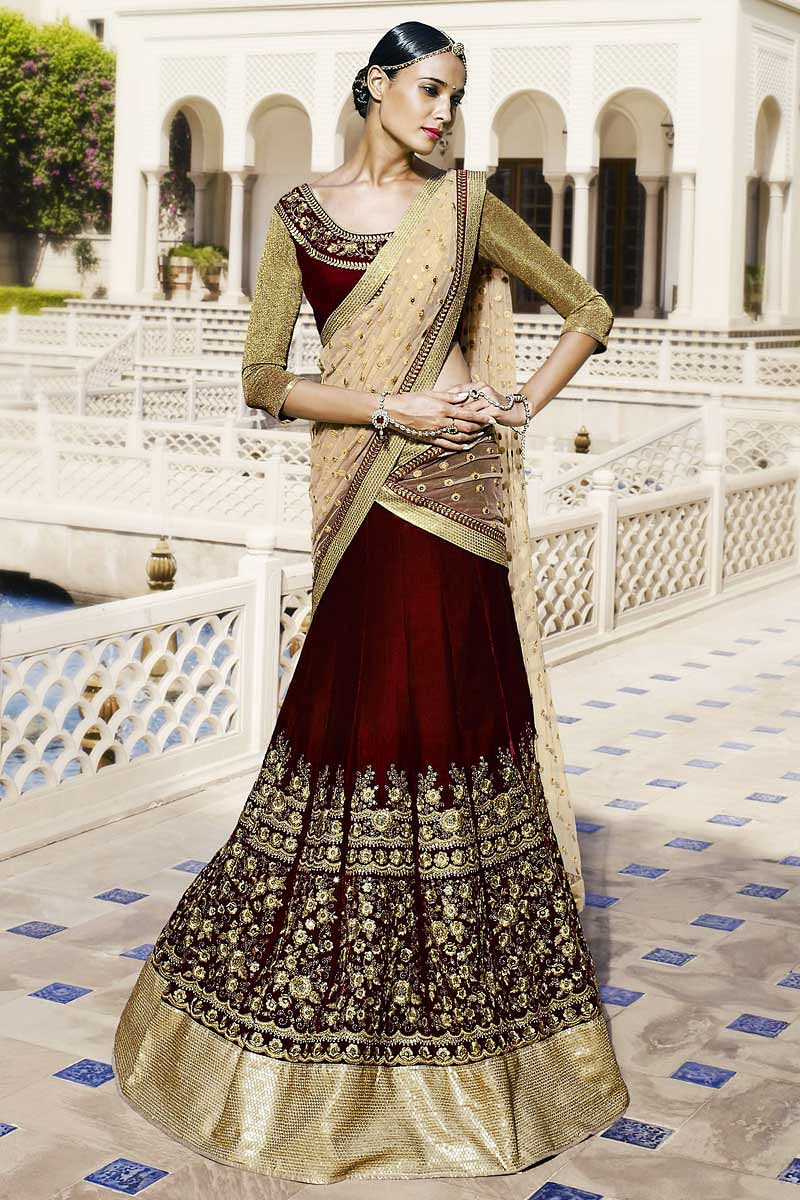 Maroon velvet sales lehenga choli