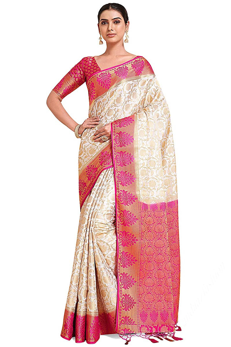 Buy White Zari Woven Paithani Silk Saree by Designer Vishnu Weaves for  Women online at Kaarimarket.com