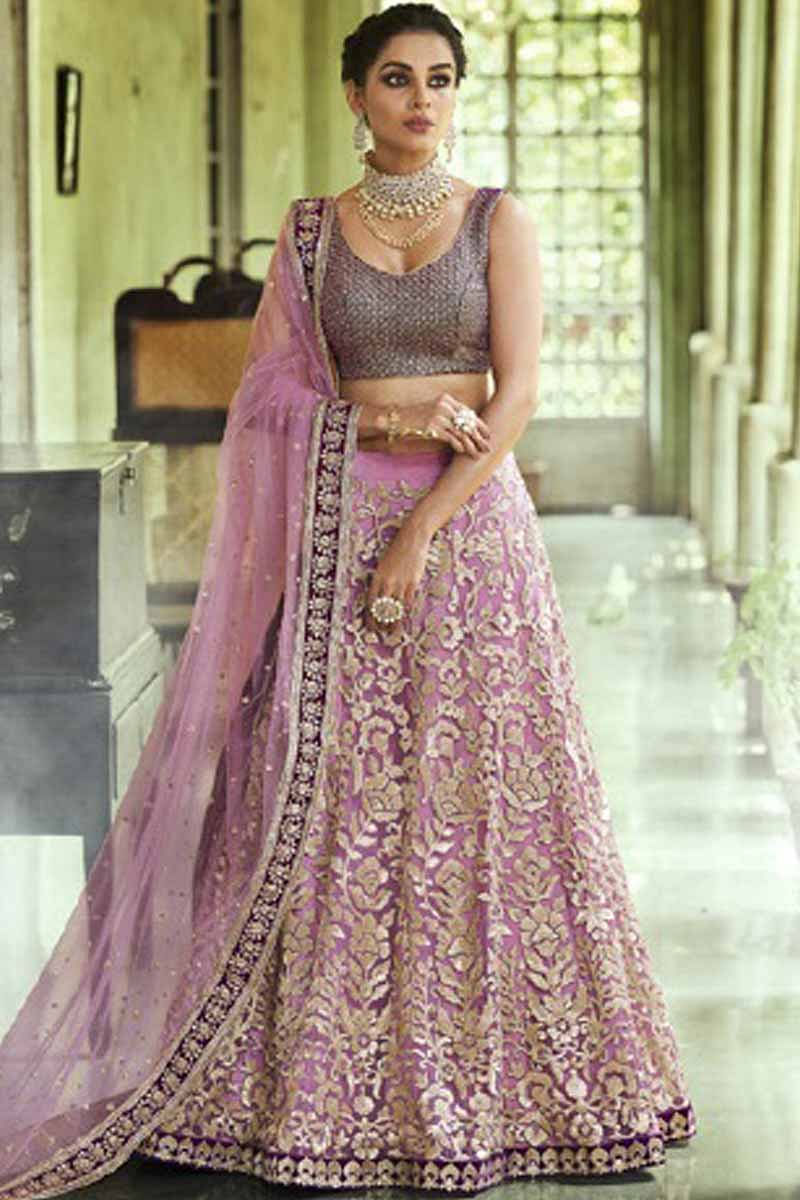 Purple Net Lehenga with Velvet Choli